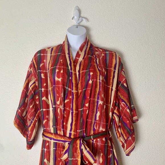 VTG R MICHAEL ALAN Women Robe Size M Kimono Retro Multicolor Belted Chiffon - Picture 2 of 11
